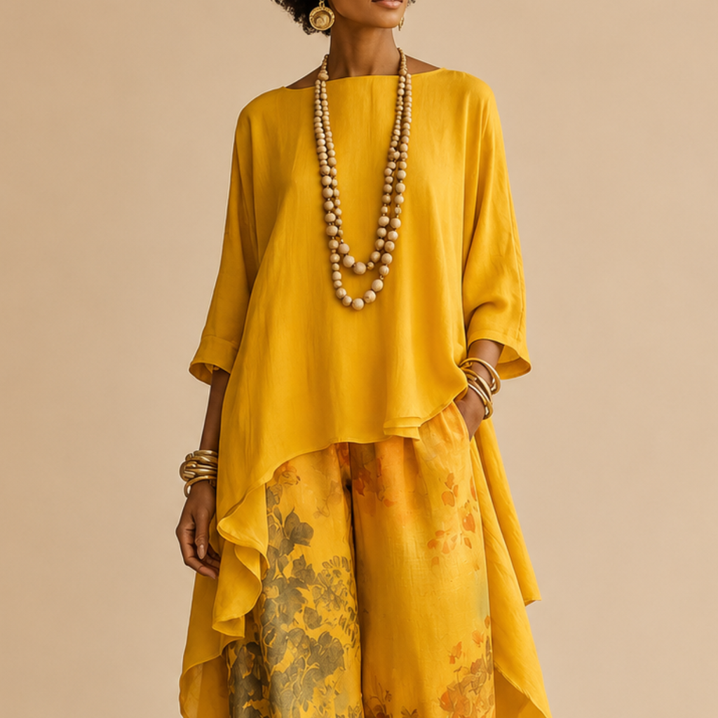 Close-up of the Saffron Boho Two-Piece Set Draped Floral-Print in yellow highlighting the flowing draped silhouette, lightweight fabric, and artistic floral print, designed by Bella Hudson.