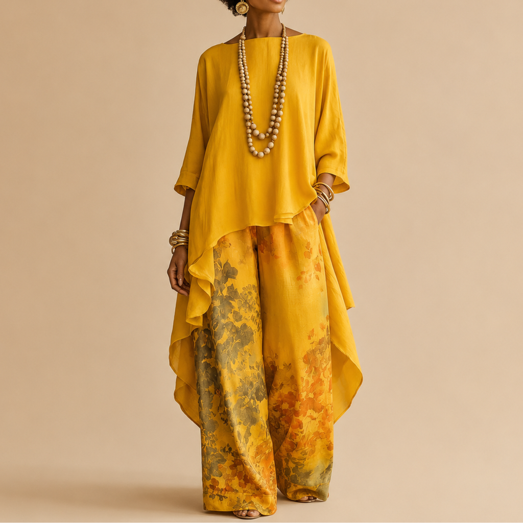 Saffron Boho Two-Piece Set Draped Floral-Print in yellow front view with an asymmetrical draped top and floral-print wide-leg pants, designed by Bella Hudson.