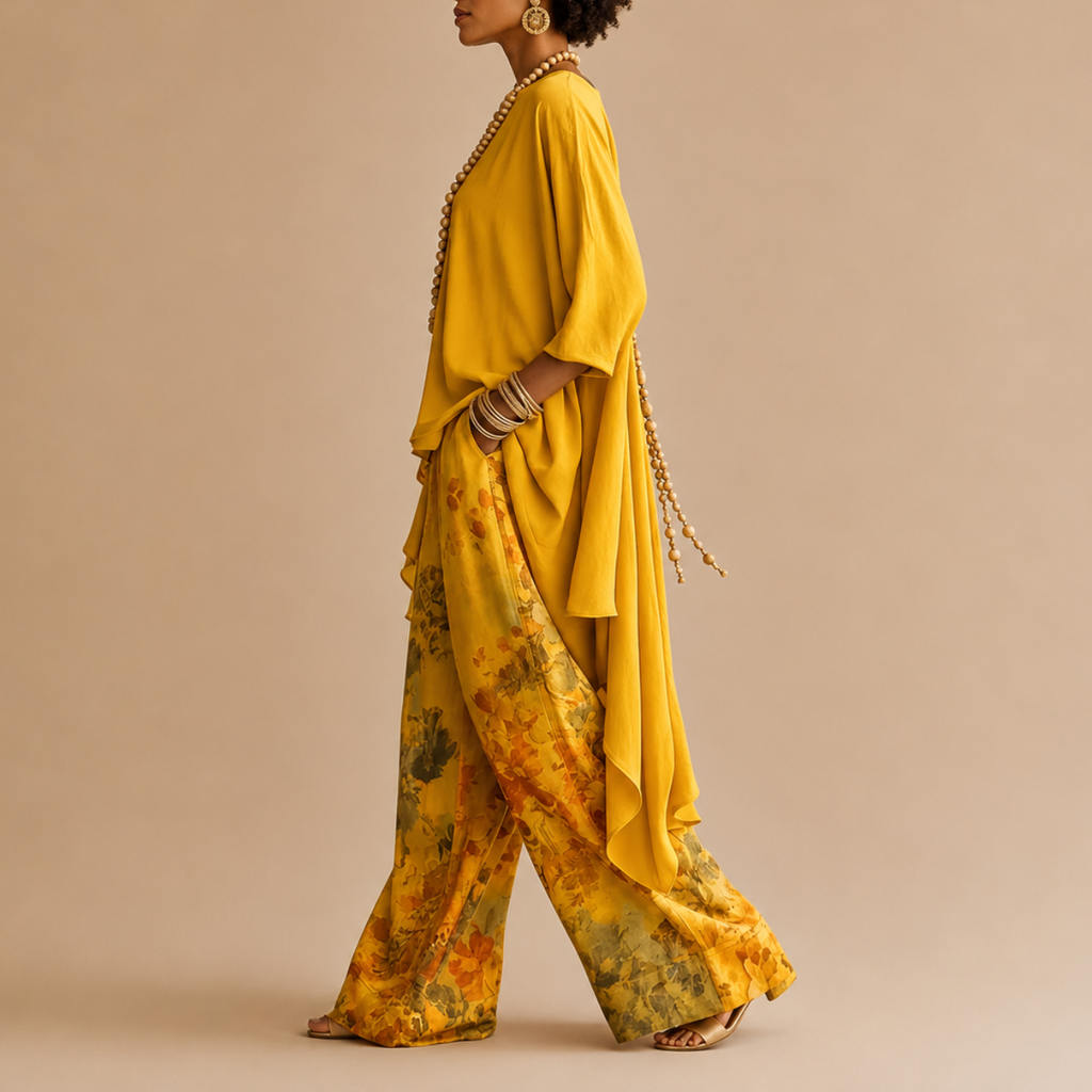 Side view of the Saffron Boho Two-Piece Set Draped Floral-Print in yellow featuring a flowing asymmetrical top and artistic floral wide-leg pants, designed by Bella Hudson.