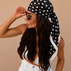 Sahika Women's Black A Polka Dot Satin Headscarf Bandana featuring a silk-feel satin finish and contrasting dot pattern in front view.