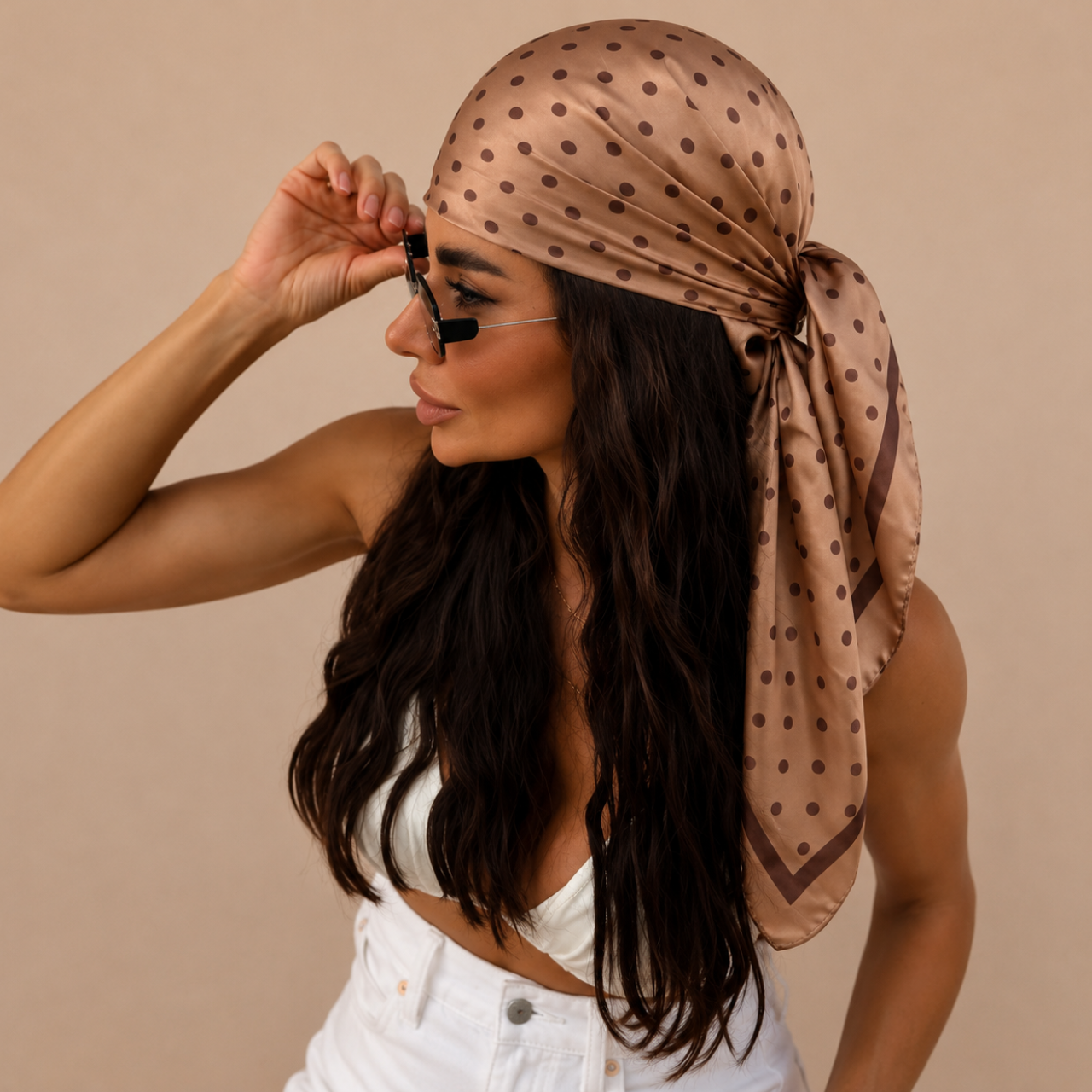 Sahika Women's Brown Polka Dot Satin Headscarf Bandana featuring a silk-feel satin finish and white dot pattern in front view.