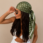 Sahika Women's Green Polka Dot Satin Headscarf Bandana featuring a silk-feel satin finish and classic white dot pattern in front view.