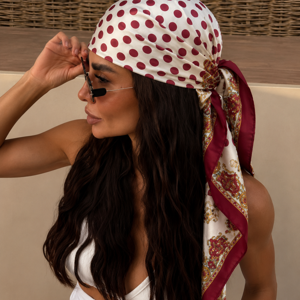 Sahika Women's Red Polka Dot Satin Headscarf Bandana featuring a silk-feel satin finish and elegant dot pattern in front view.