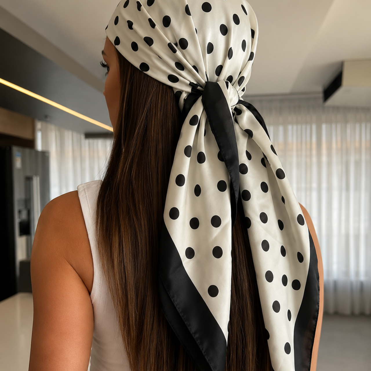 Back view of the Sahika Women's White Polka Dot Satin Headscarf Bandana showcasing the tied satin scarf design and flowing tails.