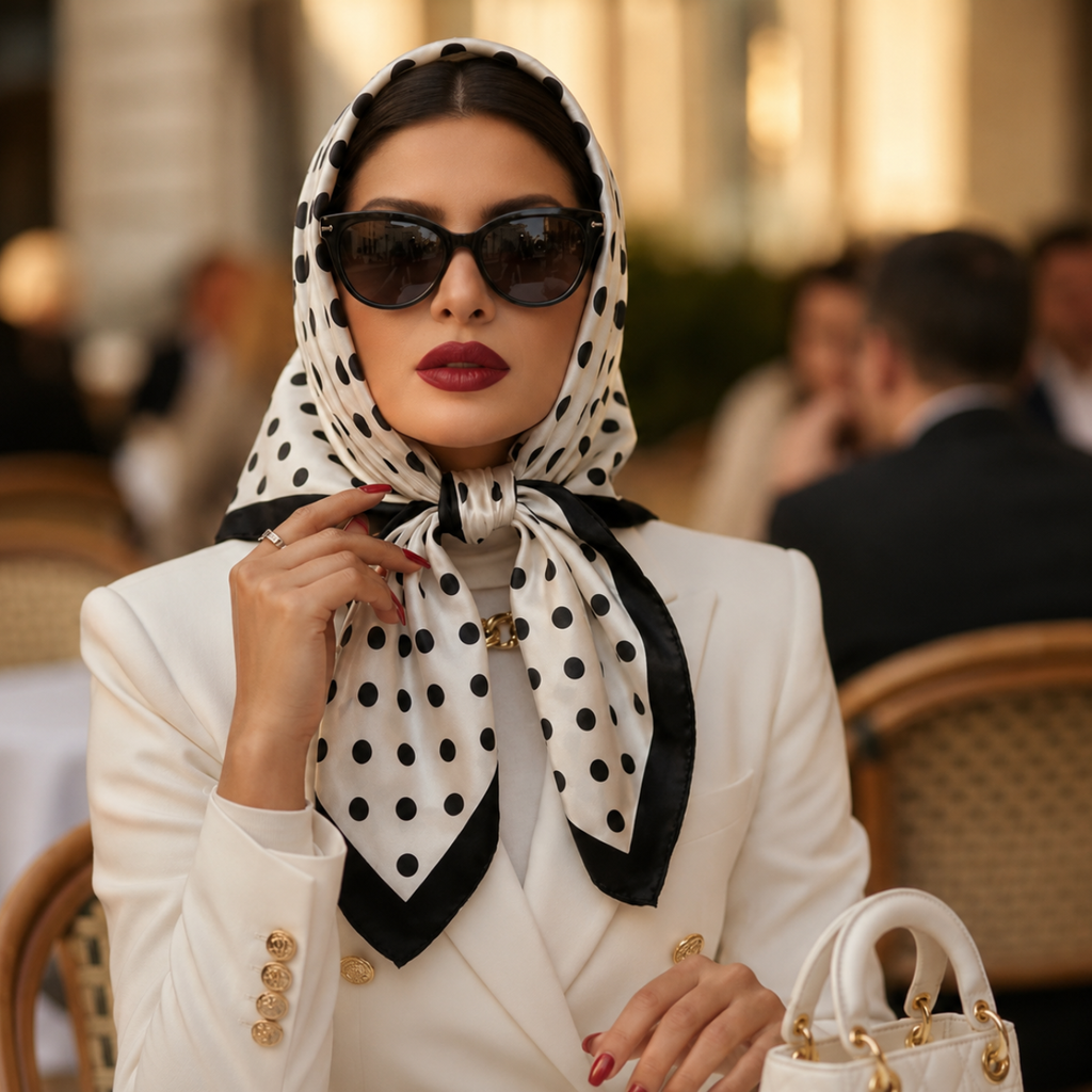 Lifestyle model image of the Sahika Women's White Polka Dot Satin Headscarf Bandana styled as a fashionable silk-feel head wrap accessory.
