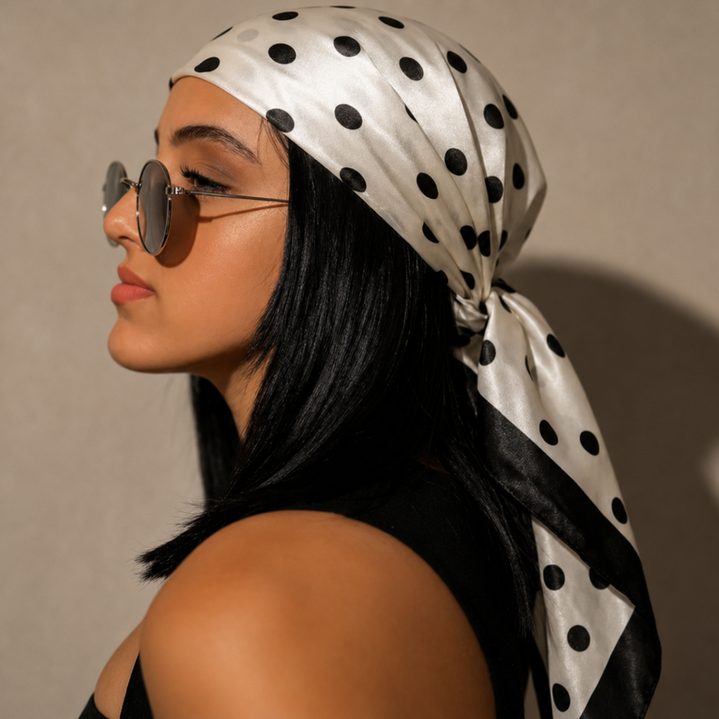 Side profile view of the Sahika Women's White Polka Dot Satin Headscarf Bandana with smooth satin fabric, black dot pattern, and tied scarf styling.