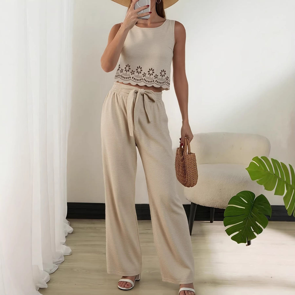 Selah cutwork crop top and wide-leg pants set, view 1