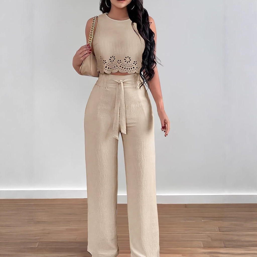 Selah cutwork crop top and wide-leg pants set, view 2