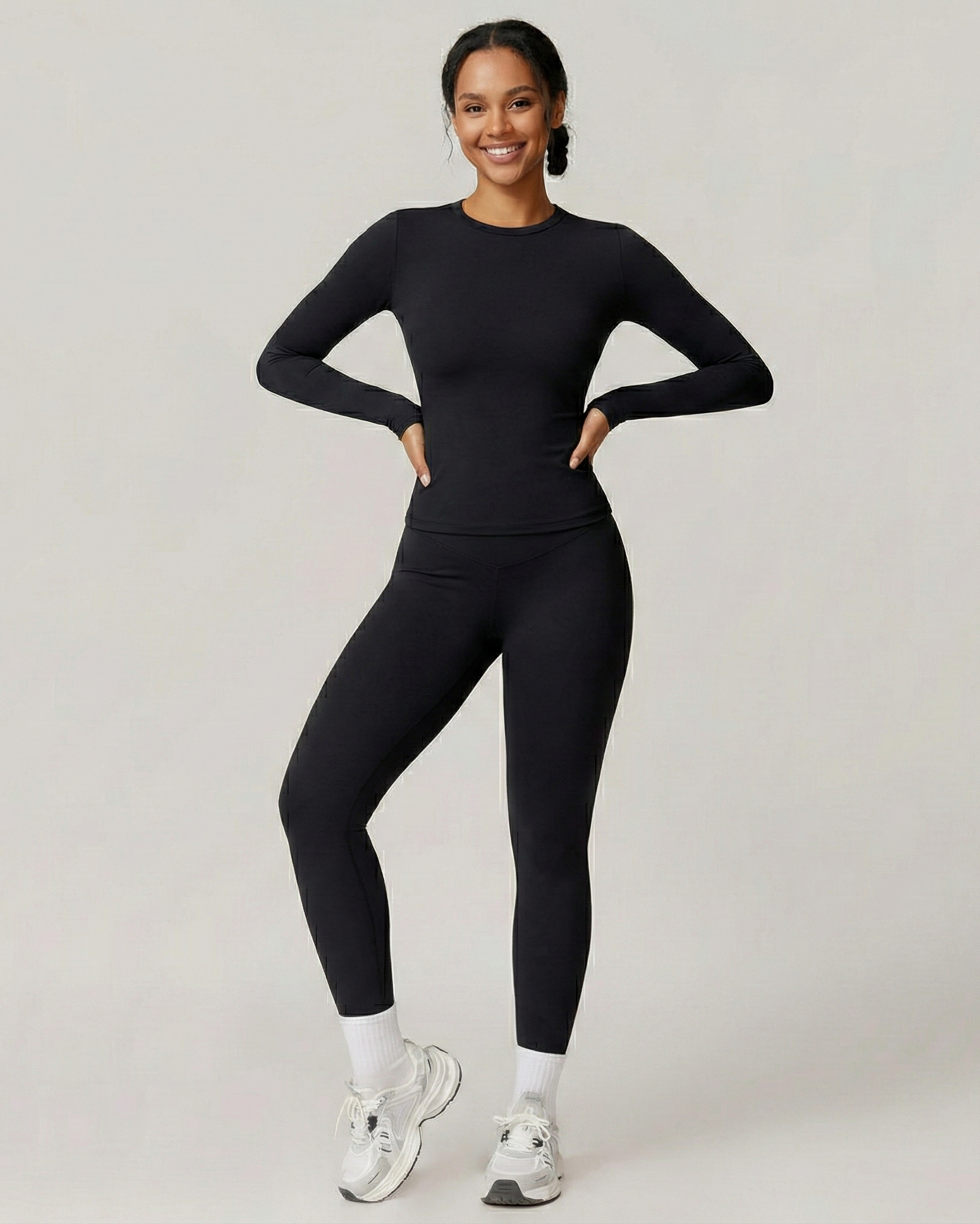 Selene activewear slim long-sleeve two-piece set, Black