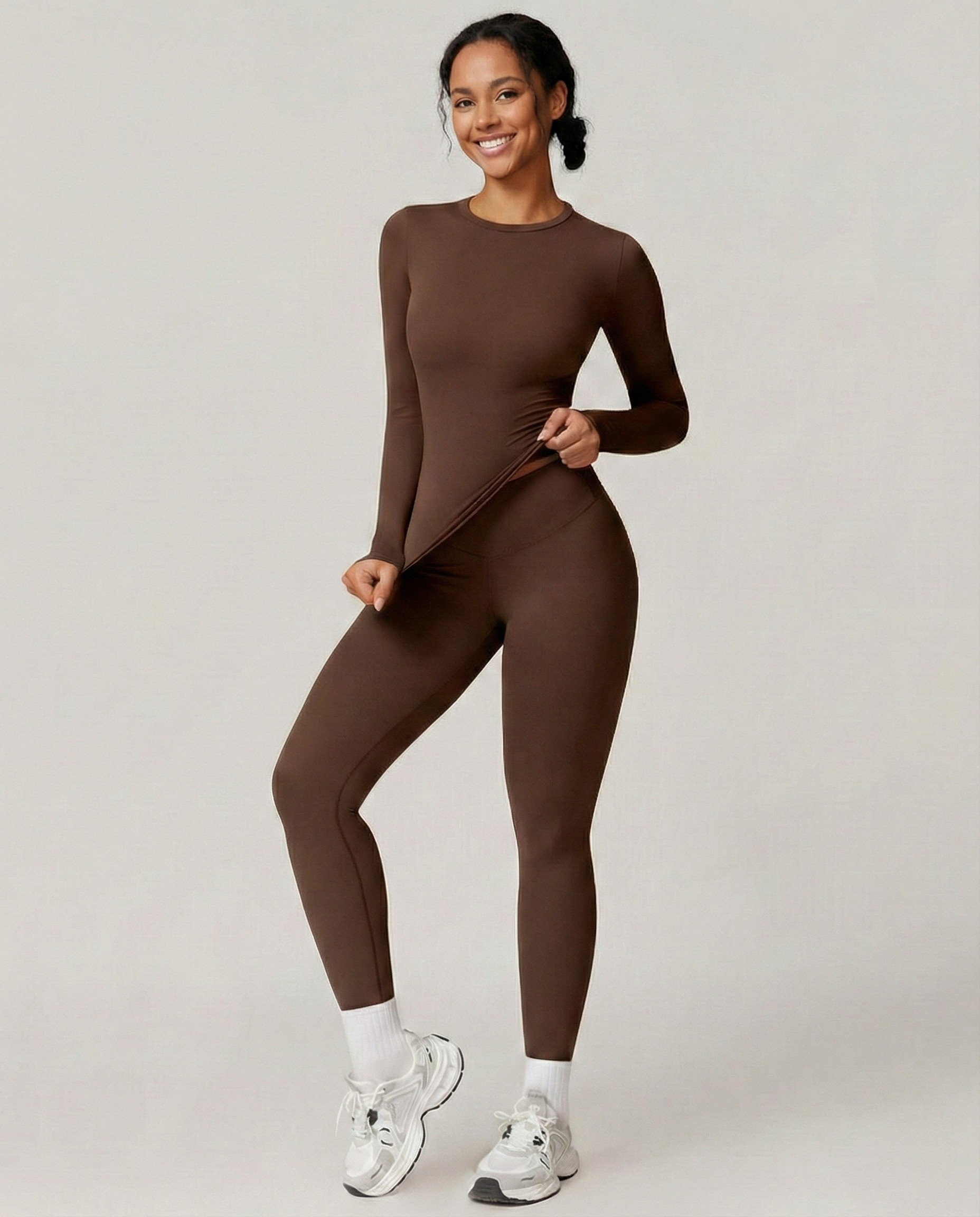 Selene activewear slim long-sleeve two-piece set, Brown
