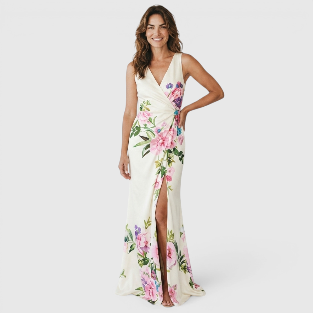 Front view of the Seraphine Maxi Dress Floral-Print Bodycon V-Neck in white, featuring a V-neckline, sleeveless design, bodycon silhouette, vibrant floral print, and a flowing fishtail hem. Designed by Bella Hudson.