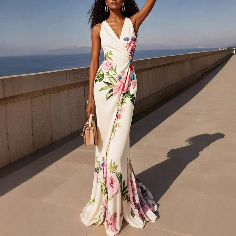 Lifestyle view of the Seraphine Maxi Dress Floral-Print Bodycon V-Neck in white, showcasing the elegant bodycon silhouette, tropical floral print, and flowing fishtail hem. Designed by Bella Hudson.