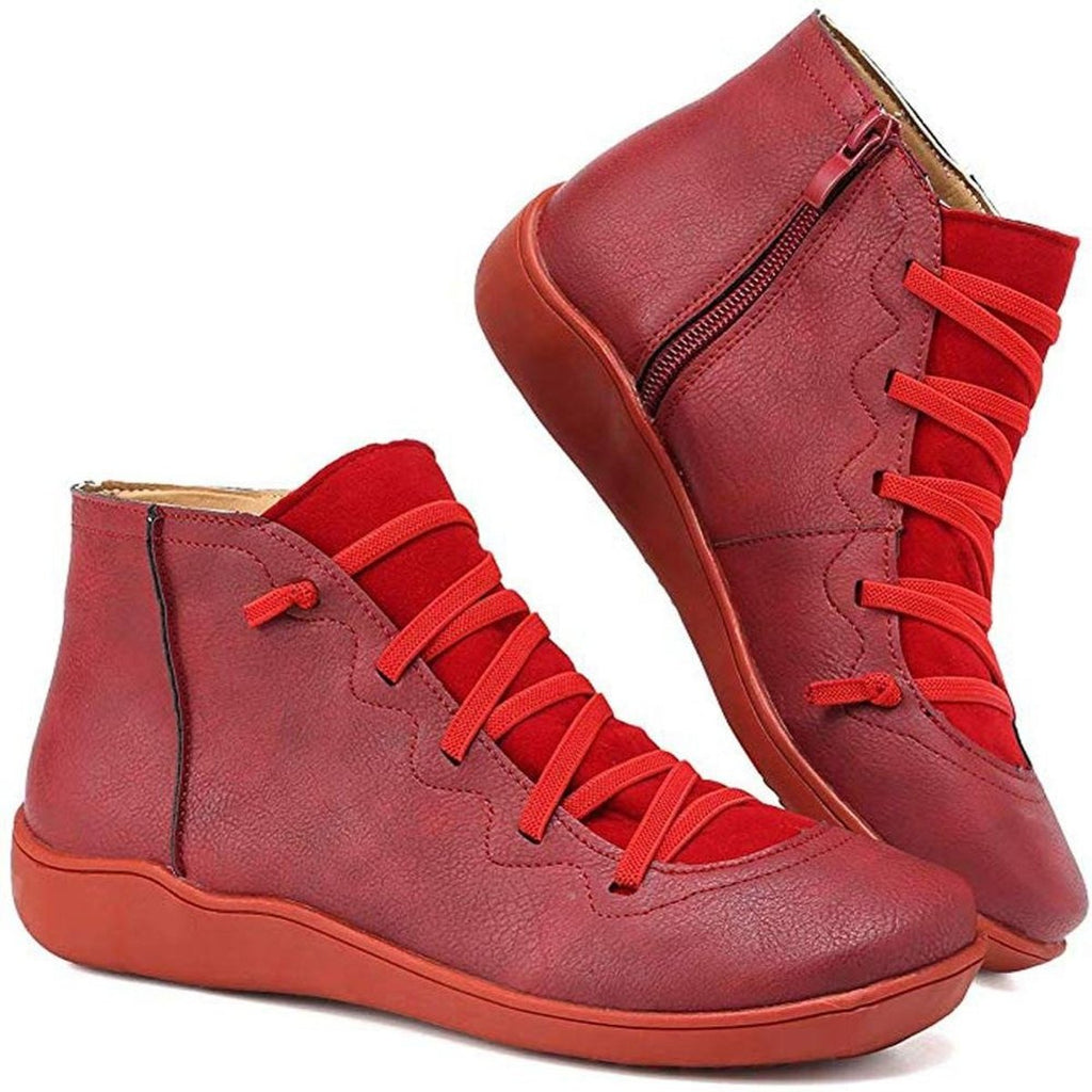 Sienna faux leather lace-up side-zip ankle boots, Red