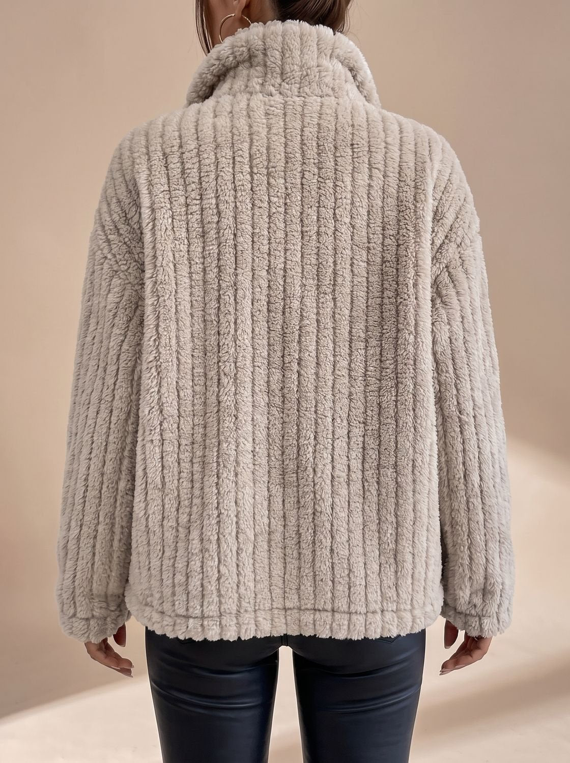 Sienna Beige ribbed teddy jacket shown from the back with a textured finish, long sleeves, and relaxed silhouette