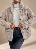 Sienna Beige ribbed teddy jacket with button-front closure, long sleeves, relaxed collar, and dual flap pockets