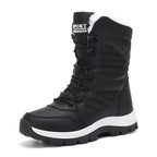 Sienna Black lace-up snow boots with plush faux fur collar, paneled upper, and rugged lug sole
