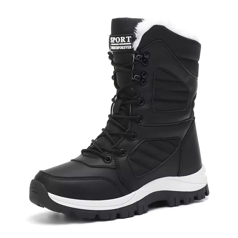 Sienna Black lace-up snow boots with plush faux fur collar, paneled upper, and rugged lug sole