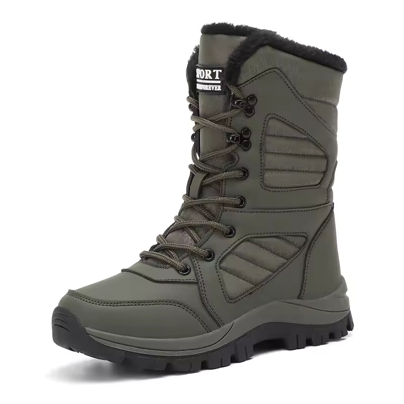 Sienna Green lace-up snow boots with paneled upper, faux fur collar, and thick lug sole