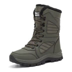 Sienna Green lace-up snow boots with paneled upper, faux fur collar, and thick lug sole