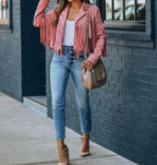 Sienna Pink cropped fringe jacket with a faux-suede finish, classic notched lapels, long sleeves, and cascading fringe detailing