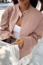 Sienna Pink faux suede bomber jacket detail showing the stand collar, zip front, and long sleeves
