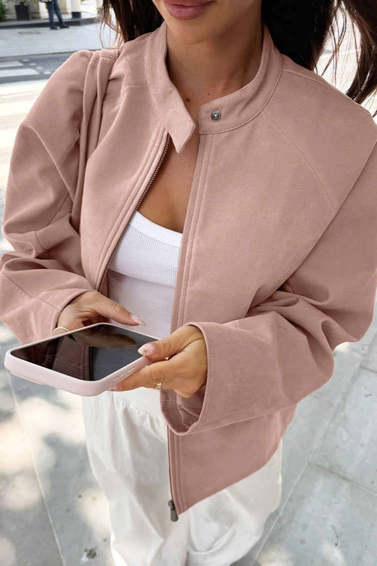 Sienna Pink faux suede bomber jacket detail showing the stand collar, zip front, and long sleeves