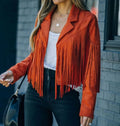 Sienna Red cropped faux-suede moto jacket featuring long cascading fringe, notched lapels, long sleeves, and a Western-inspired design