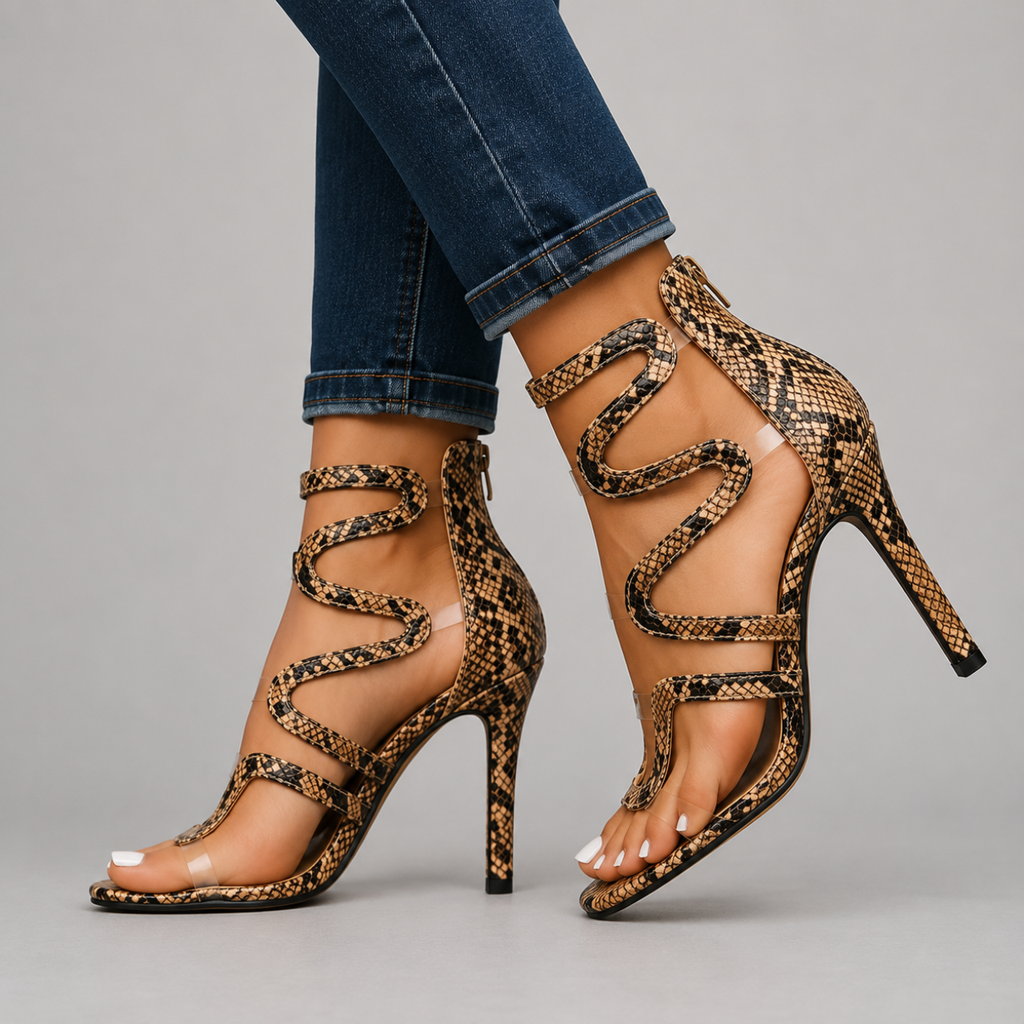 Sienna Strappy Heels Snake-Print in beige front view featuring a textured snake-print upper, spiral ankle straps, and an open-toe silhouette, designed by Bella Hudson.