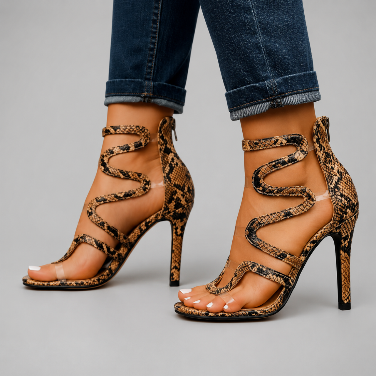 Side view of the Sienna Strappy Heels Snake-Print in beige showcasing the textured snake-print finish, spiral ankle wrap, and slim stiletto heel, designed by Bella Hudson.
