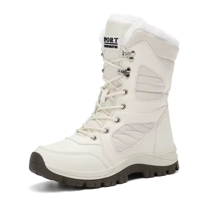 Sienna White lace-up snow boots with faux fur collar, rounded toe, and textured lug sole
