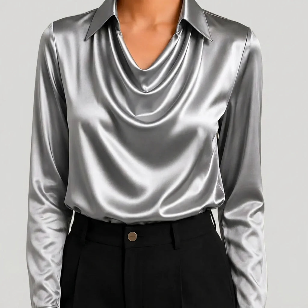 Silver satin cowl neck blouse with long sleeves front view BELLA HUDSON