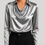 Silver satin cowl neck blouse with long sleeves front view BELLA HUDSON