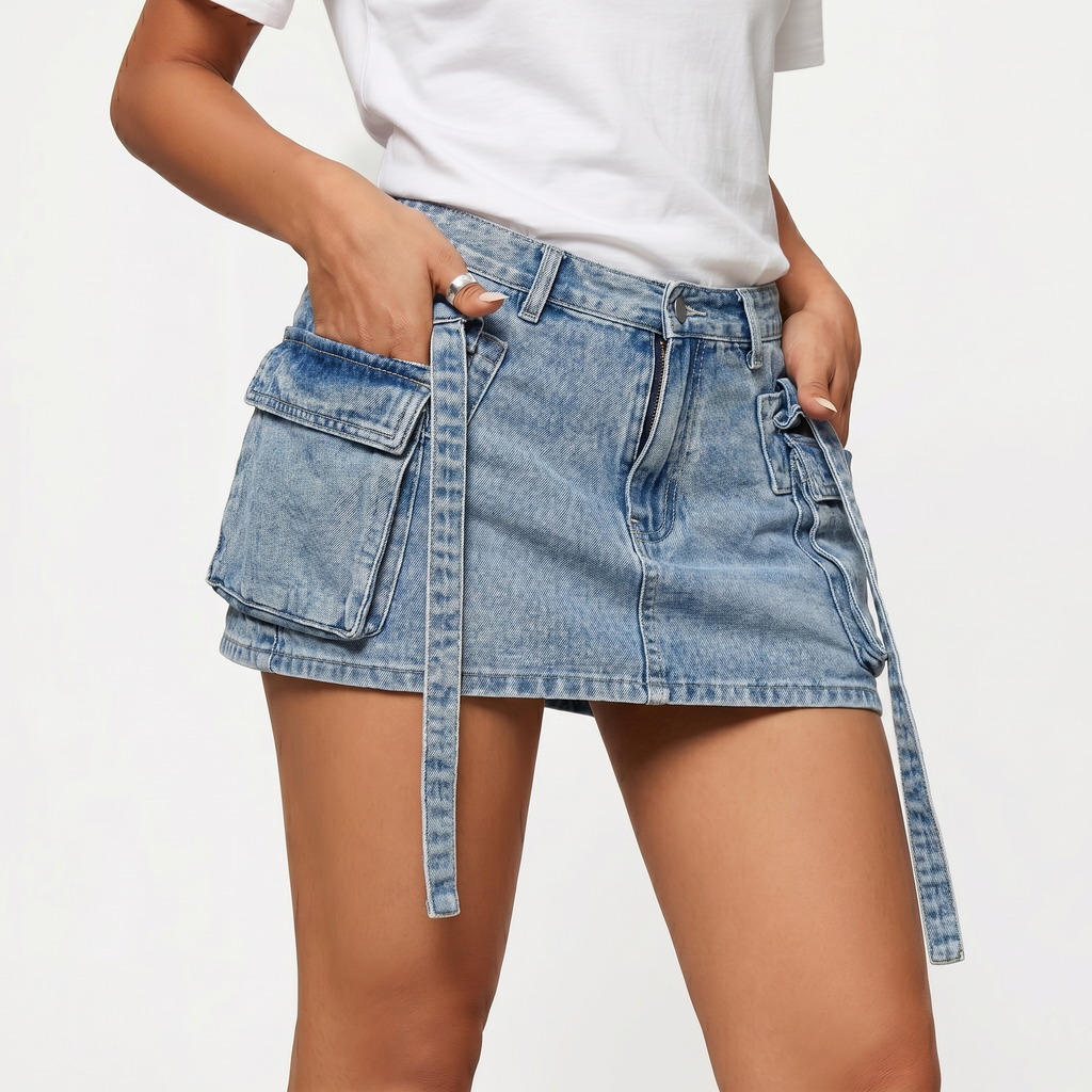 Sky blue denim cargo mini skirt with pockets alternate front view BELLA HUDSON