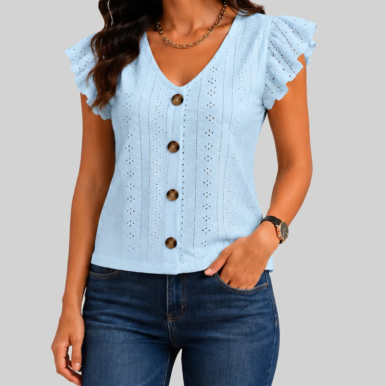Front view of sky blue ruffle sleeve knit top with button-front detail and V-neckline by BELLA HUDSON