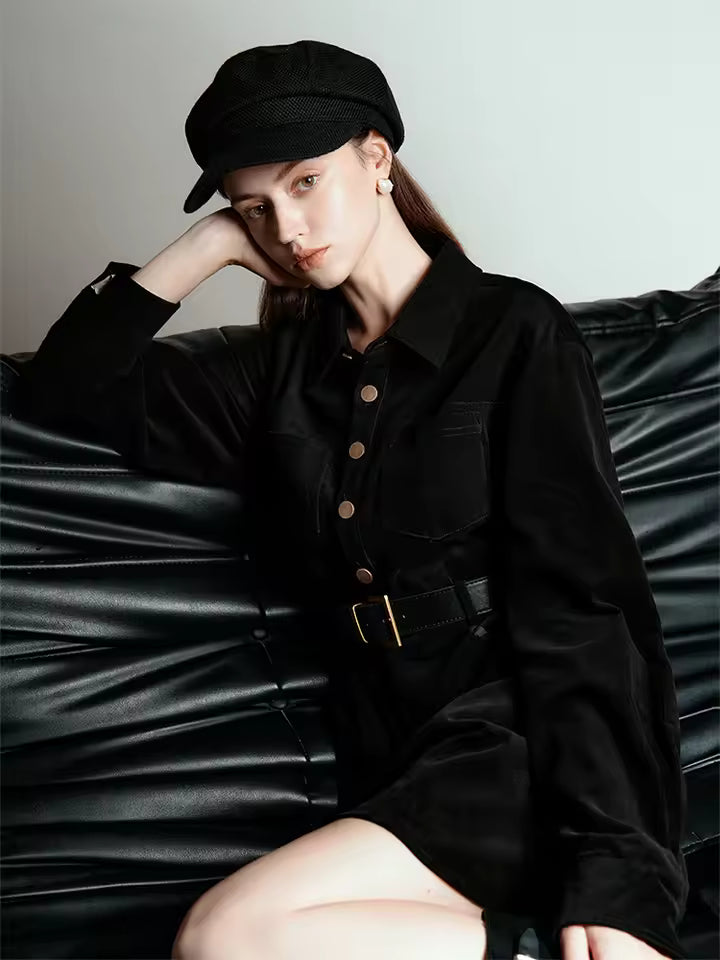 Sloane Black corduroy midi shirt dress with button-front closure and belted waist