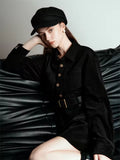 Sloane Black corduroy midi shirt dress with button-front closure and belted waist