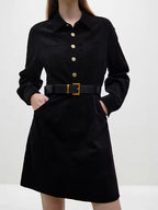 Sloane Black corduroy midi shirt dress with long sleeves and structured silhouette