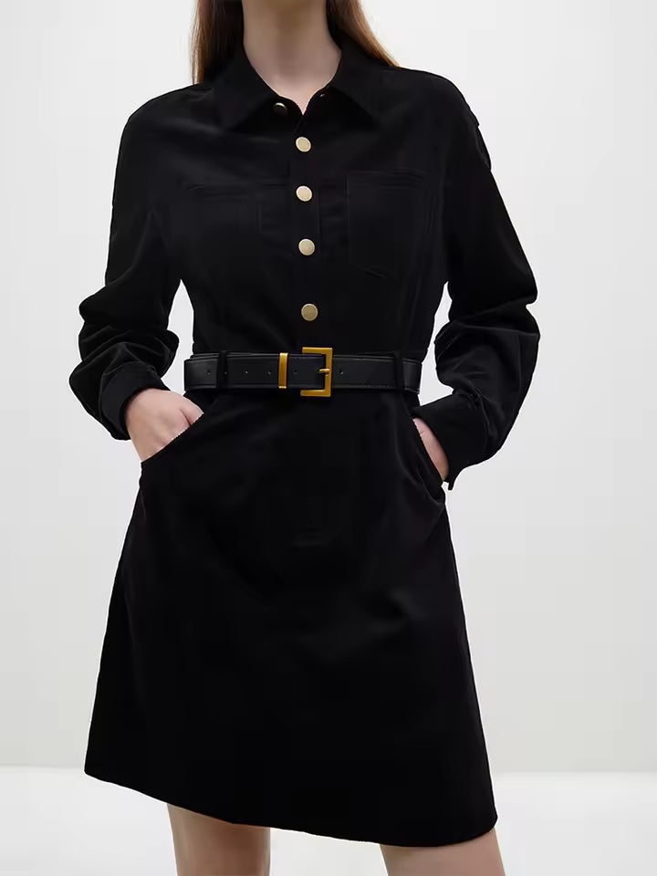 Sloane Black corduroy midi shirt dress with long sleeves and structured silhouette