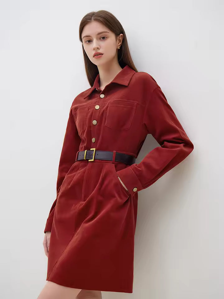 Sloane Red corduroy midi shirt dress with classic collar and coordinating belt