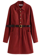 Sloane Red corduroy midi shirt dress with button-front design and defined waist