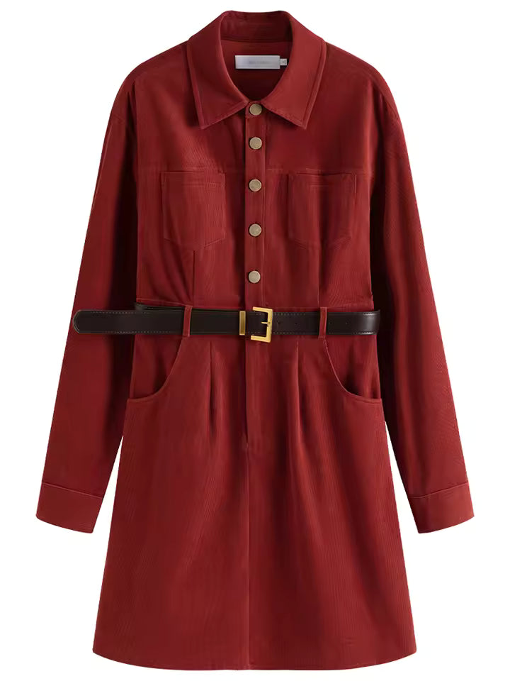 Sloane Red corduroy midi shirt dress with button-front design and defined waist