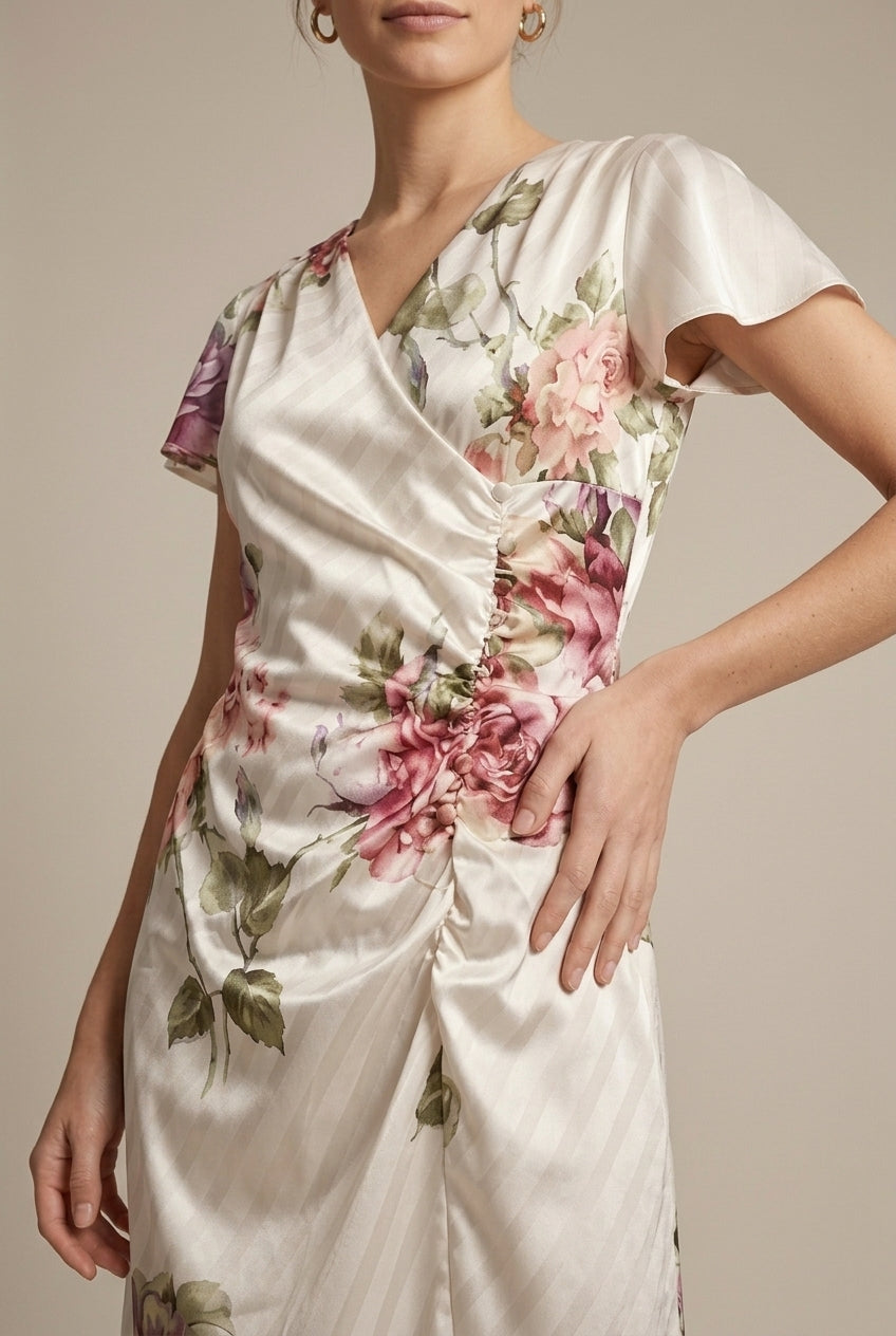 Solange wrap floral striped midi dress, detail view