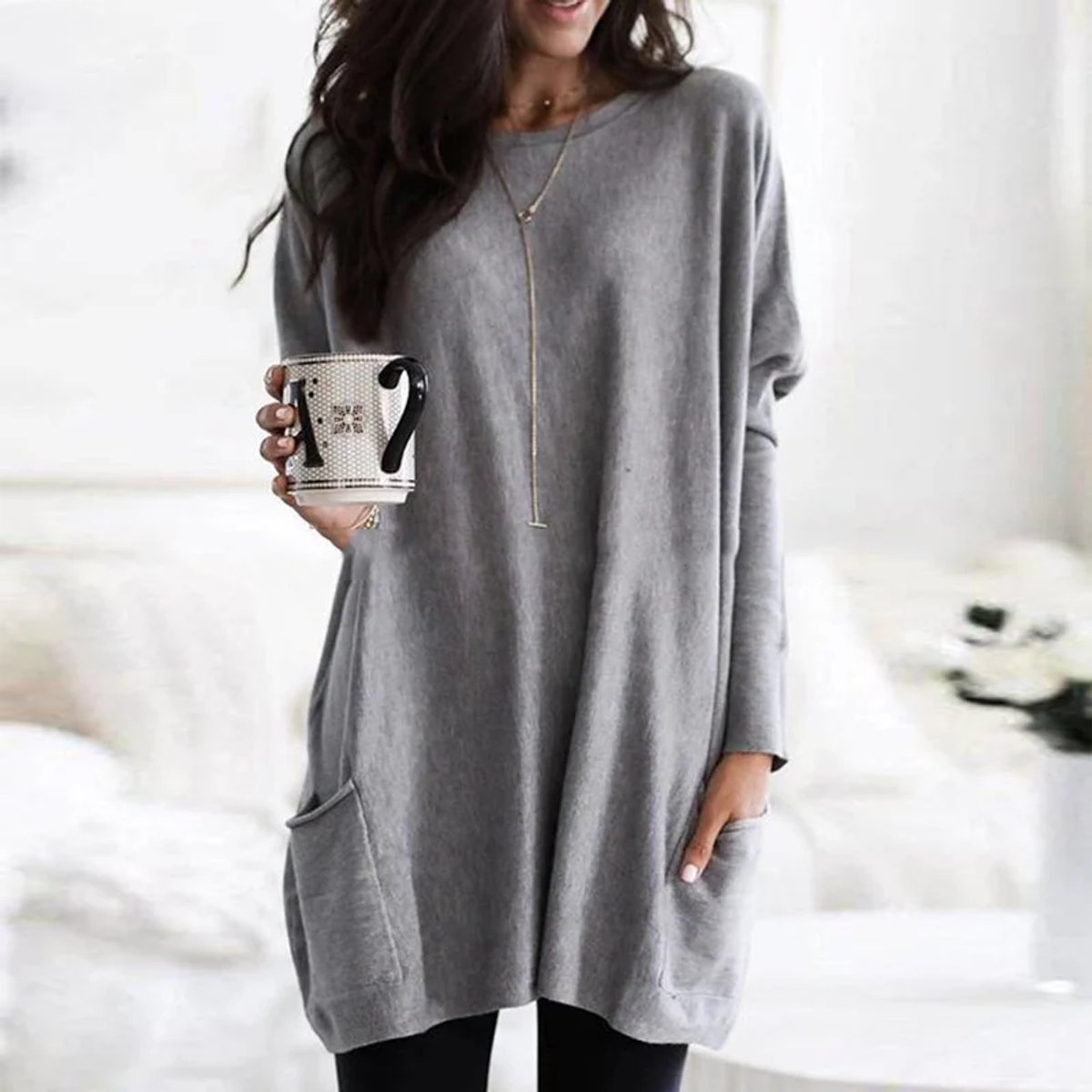 Solene Oversized Tunic With Pockets, Gray