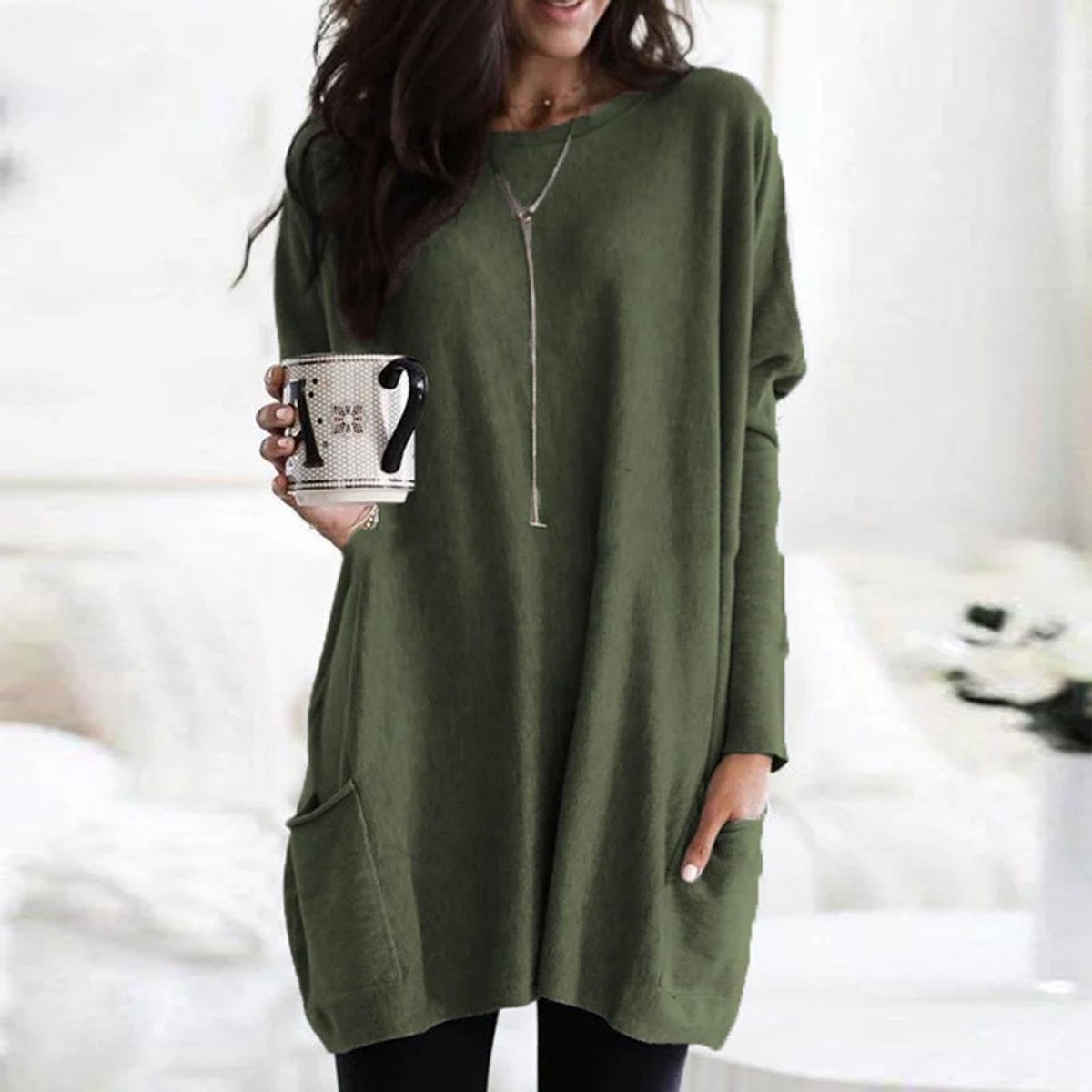 Solene Oversized Tunic With Pockets, Green