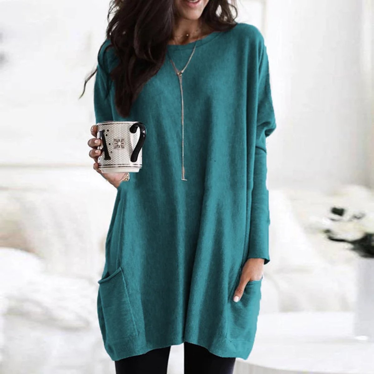 Solene Oversized Tunic With Pockets, Turquoise