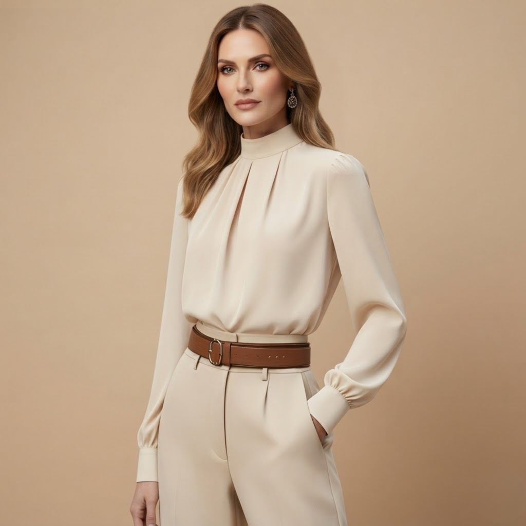 Front view of the Solenne Blouse Stand-Collar Long-Sleeve in Beige, featuring a stand collar, button-front design, and long sleeves.