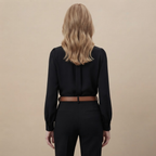 Back view of the Solenne Blouse Stand-Collar Long-Sleeve in Black, highlighting its clean and relaxed silhouette.