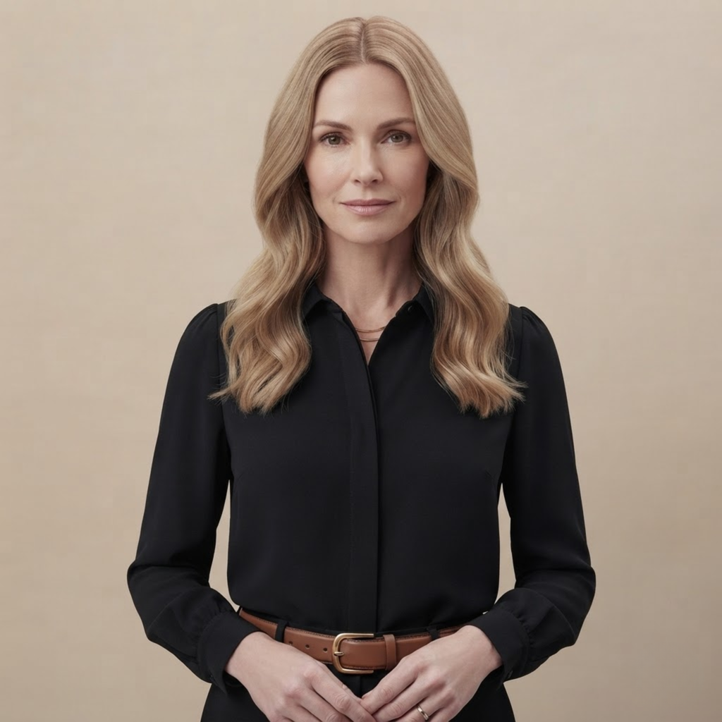 Close-up front view of the Solenne Blouse in Black, showcasing the stand collar and button-front detail.