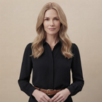 Close-up front view of the Solenne Blouse in Black, showcasing the stand collar and button-front detail.