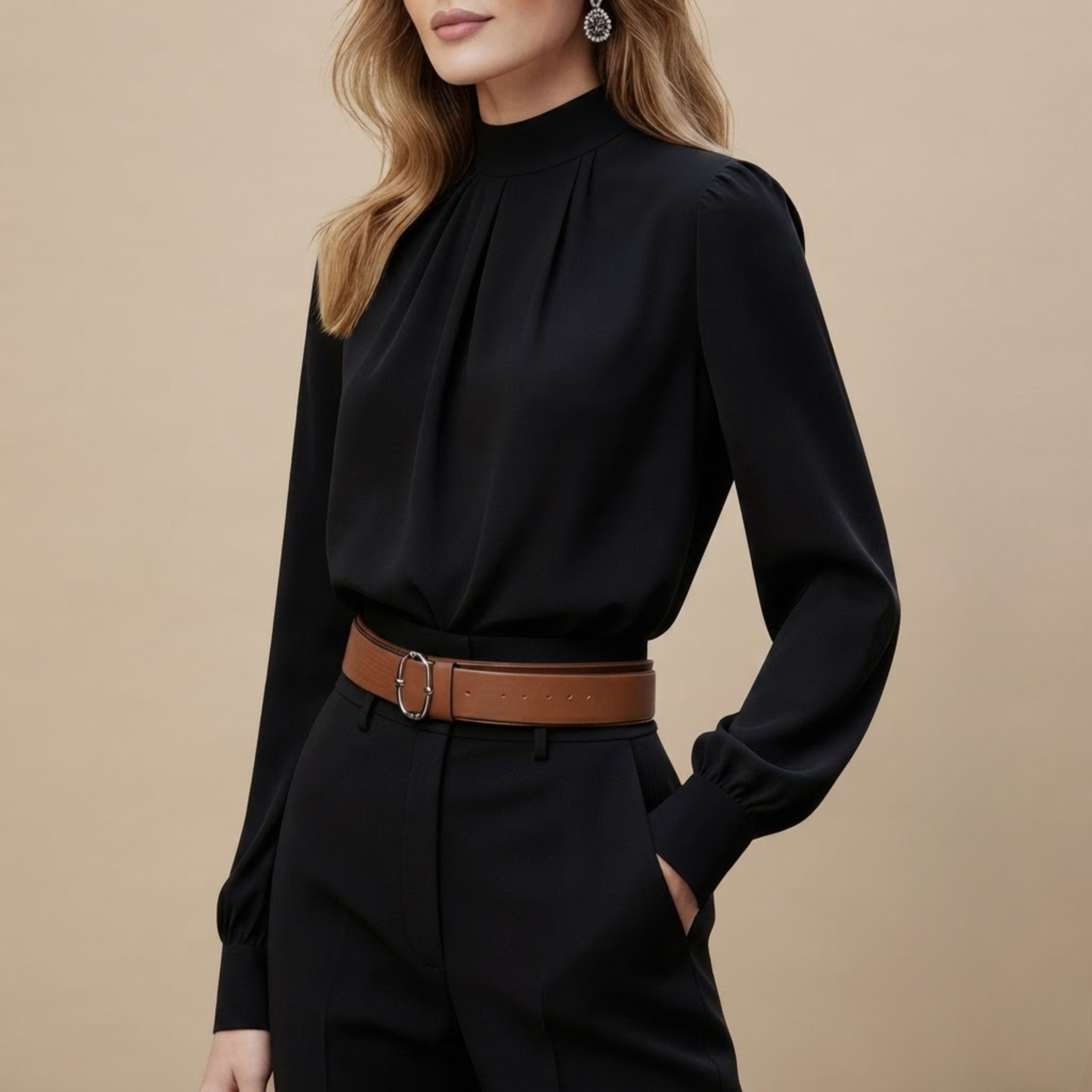 Front view of the Solenne Blouse Stand-Collar Long-Sleeve in Black, featuring a stand collar, button-front design, and long sleeves.